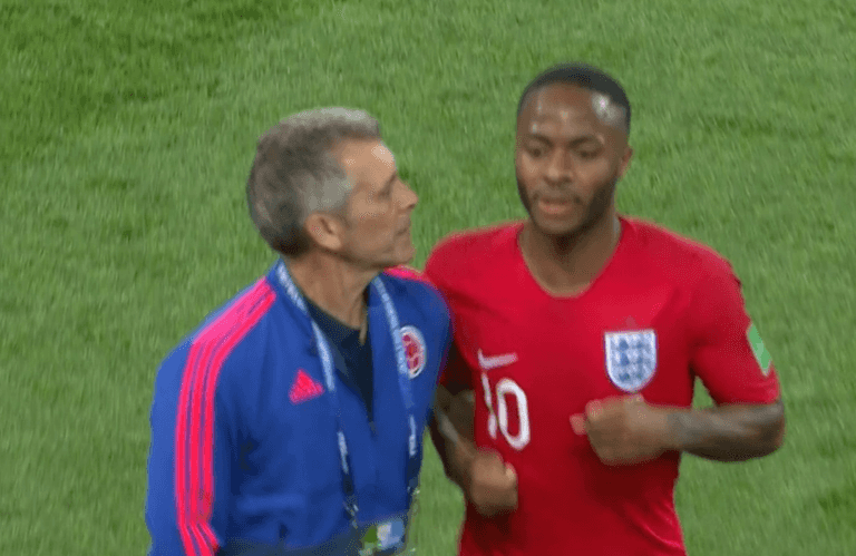 England fans love Gary Neville’s reaction to the Colombia coach barging Raheem Sterling