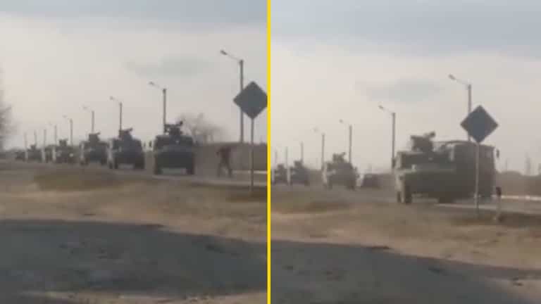 Video shows amazing moment single man tries to stop convoy of Russian tanks