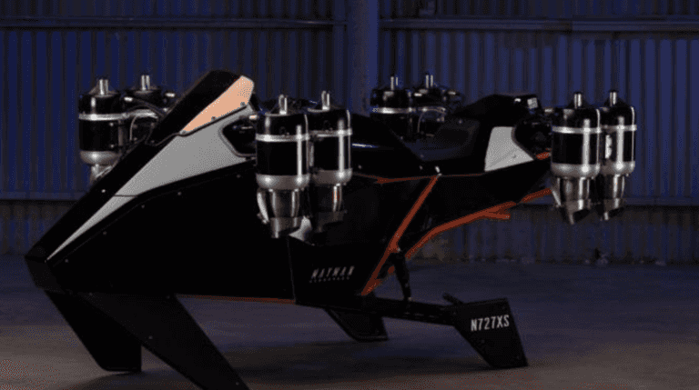 A flying motorcycle powered by eight jet engines has been invented