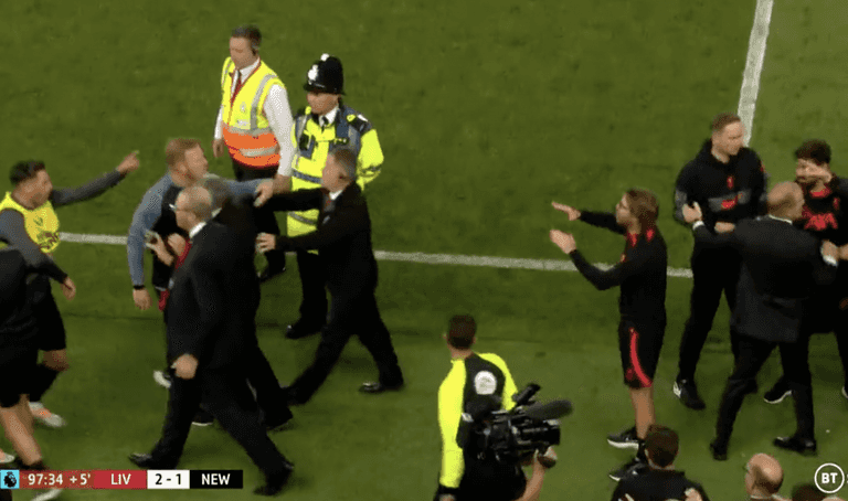 Newcastle coach throws water bottle at Liverpool dugout after late winner