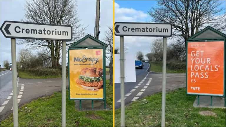 ‘Tasteless’ McDonald’s ad next to crematorium removed but locals say replacement is ‘just as bad’