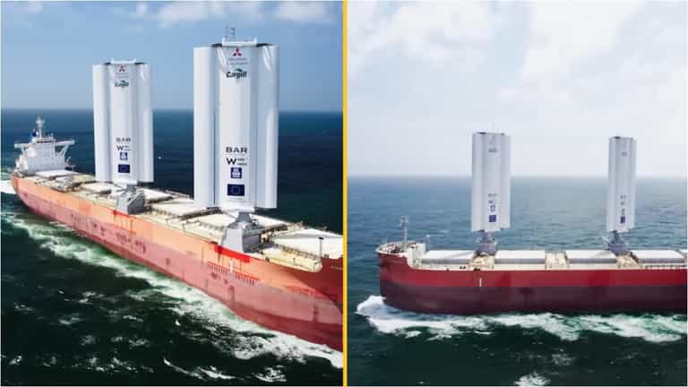World’s first wind-powered cargo ship sets sail with revolutionary metal ‘wings’