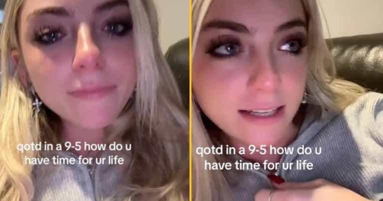 Woman breaks down in tears after working her first shift in a 9 to 5 job