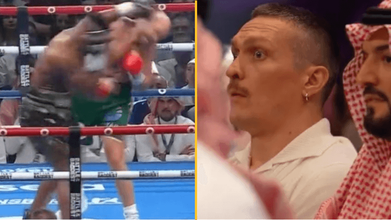 Video emerges of Oleksandr Usyk’s live reaction to Francis Ngannou knocking down Tyson Fury