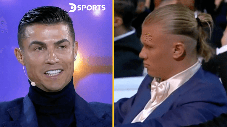 Erling Haaland looks on unimpressed as Cristiano Ronaldo claims he is ‘best goalscorer’