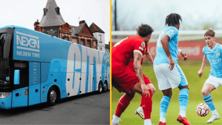 Man City U23’s turn up to Liverpool on first team bus with all five trophies from last season