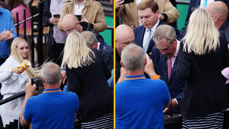 Model who threw milkshake at Nigel Farage has brutal four word reply when asked if she’ll apologise