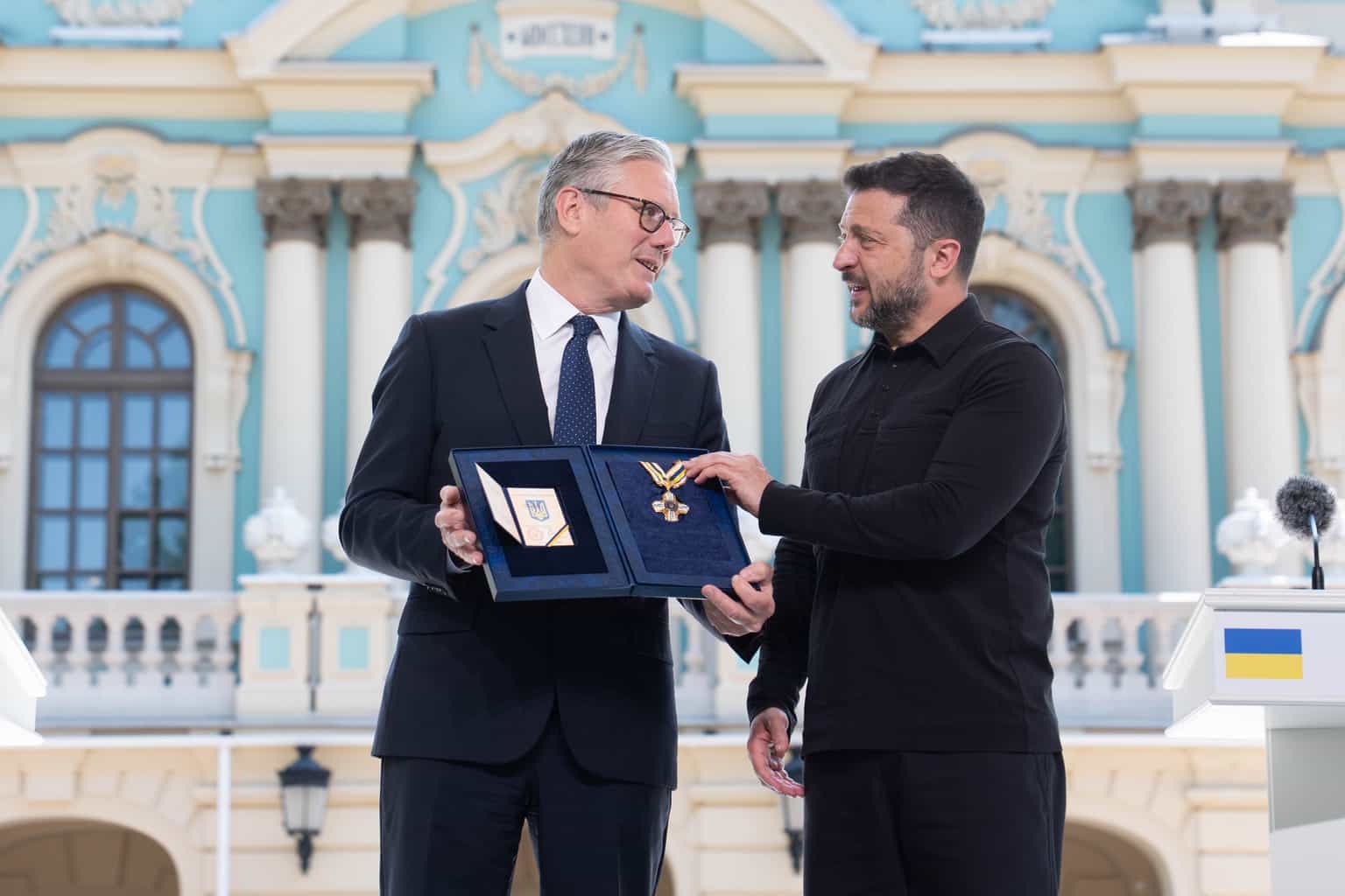Ukraine President Volodymyr Zelenskyy presents Keir Starmer with Order of Freedom