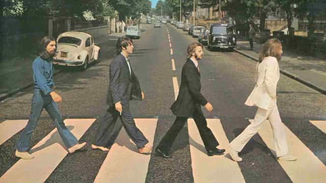 Beatles biopic stars recreate the Abbey Road album cover
