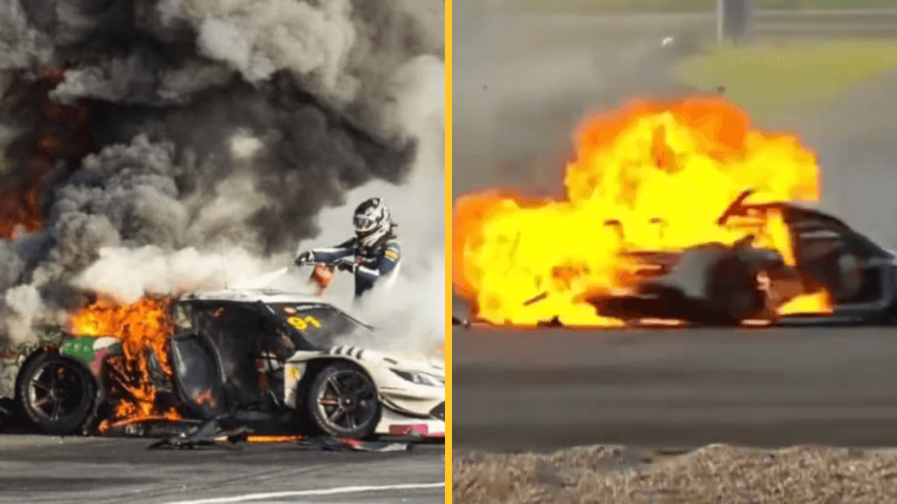 Race car driver issues incredible message after rivals rescues him from burning wreck