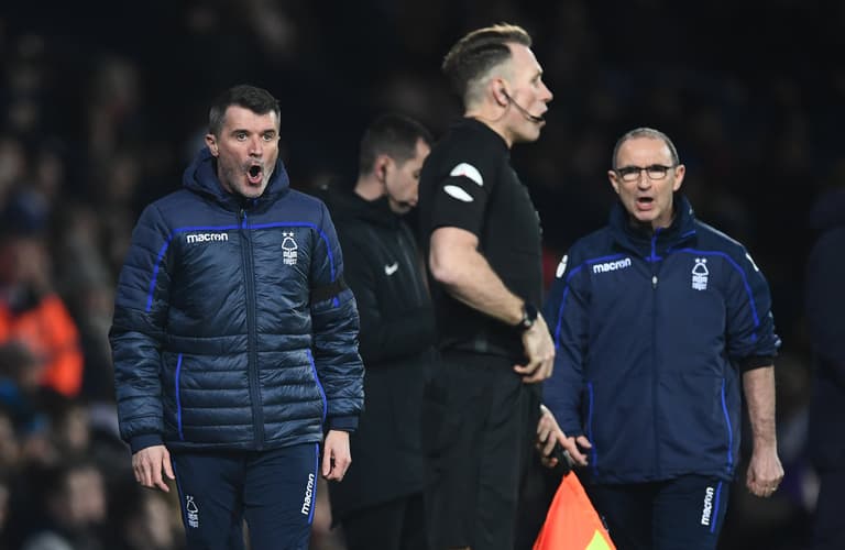 Roy Keane gets booked as Nottingham Forest assistant manager Roy Keane gets booked as Nottingham Forest assistant manager