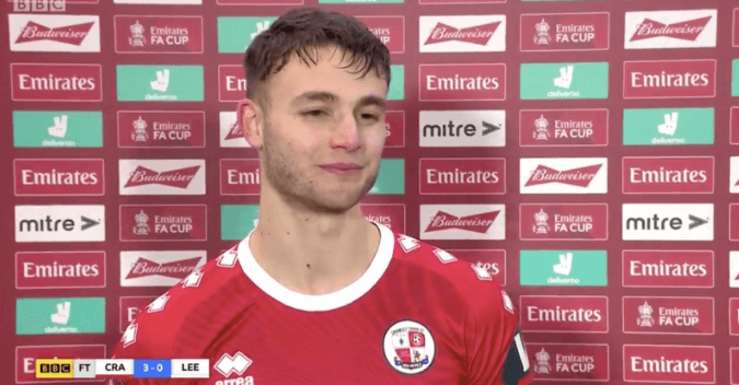 Crawley Town player breaks down in tears after FA Cup win over Leeds Crawley Town player breaks down in tears after FA Cup win over Leeds