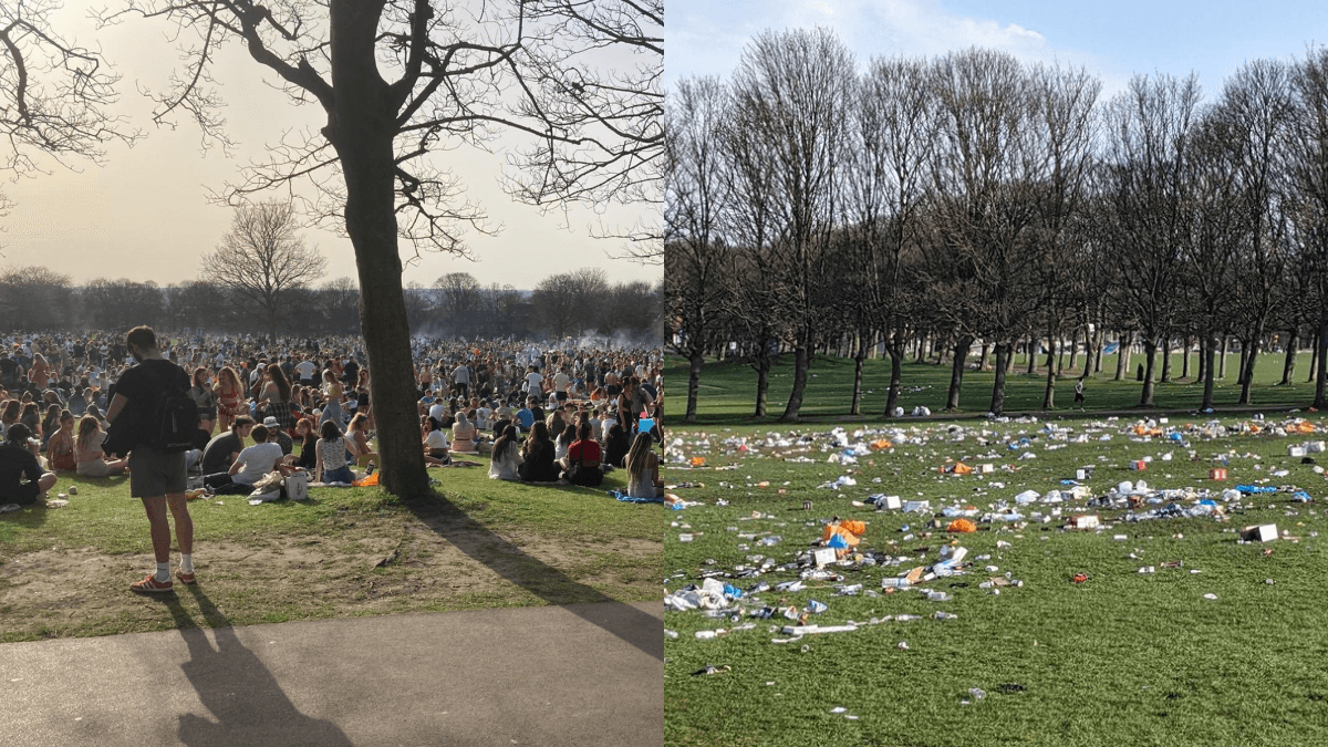 Park left destroyed as thousands leave litter on ground on hottest March day in half a century