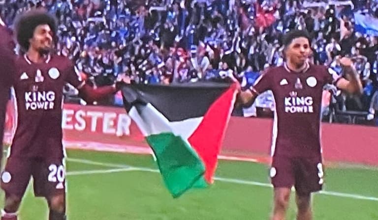 Leicester duo unveil Palestine flag during FA Cup final celebrations Leicester duo unveil Palestine flag during FA Cup final celebrations