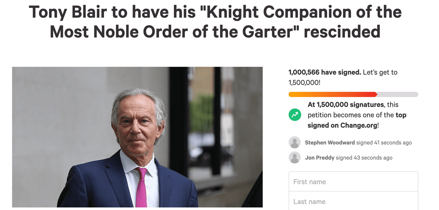 Tony Blair Knighthood: Petition to revoke former PM’s honour reaches 1m signatures