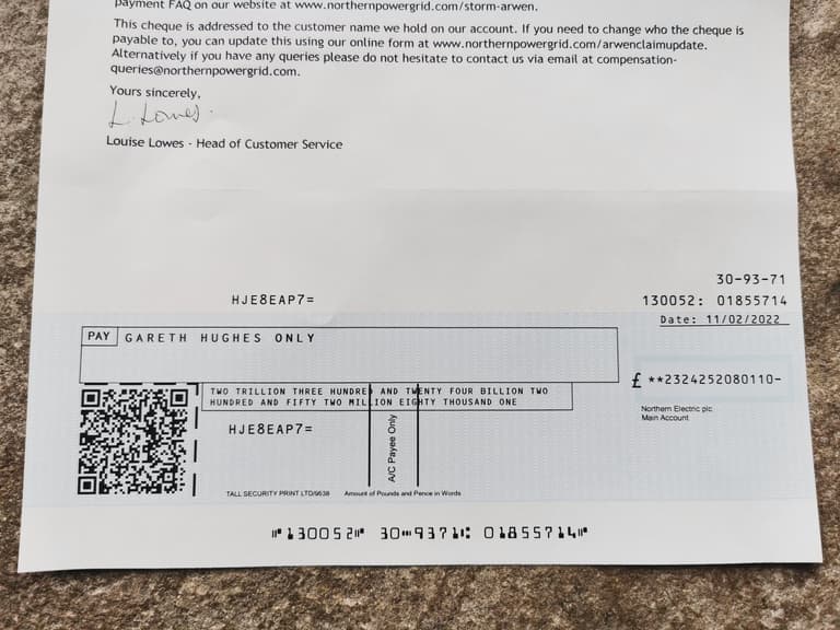 Man receives £2 trillion compensation cheque from Northern Powergrid Man receives £2 trillion compensation cheque from Northern Powergrid