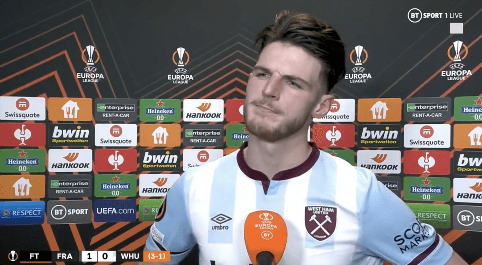 Declan Rice questions refereeing in West Ham defeat to Eintracht Frankfurt