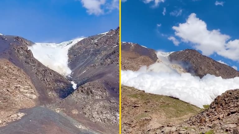Hiker films dramatic moment he is swallowed by huge glacier collapse in Kyrgyzstan Hiker films dramatic moment he is swallowed by huge glacier collapse in Kyrgyzstan