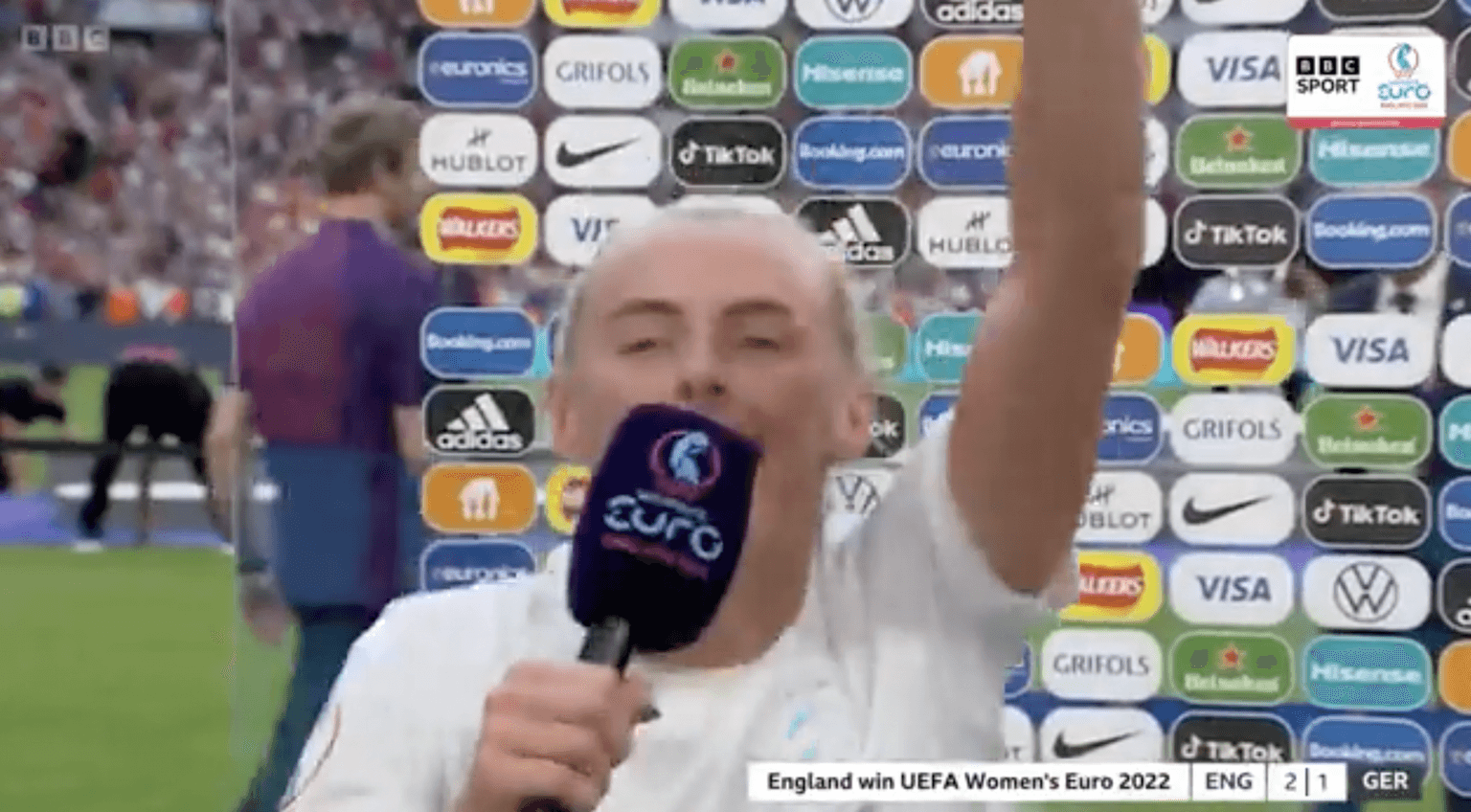 Chloe Kelly runs off with BBC mic to sing Sweet Caroline after winning Euros
