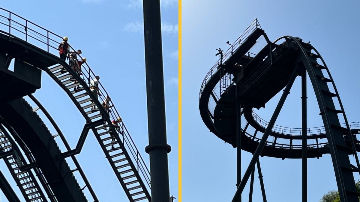 Alton Towers: Terrifying moment thrillseekers are forced to climb down Oblivion Roller Coaster