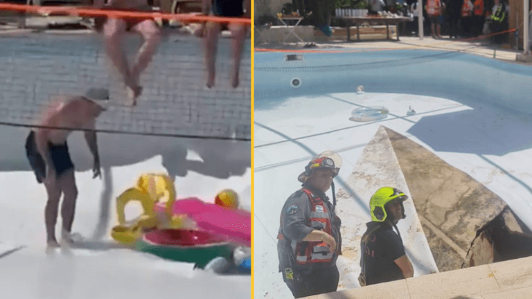 Man dies after being swallowed by swimming pool sinkhole as horrified partygoers watched on Man dies after being swallowed by swimming pool sinkhole as horrified partygoers watched on