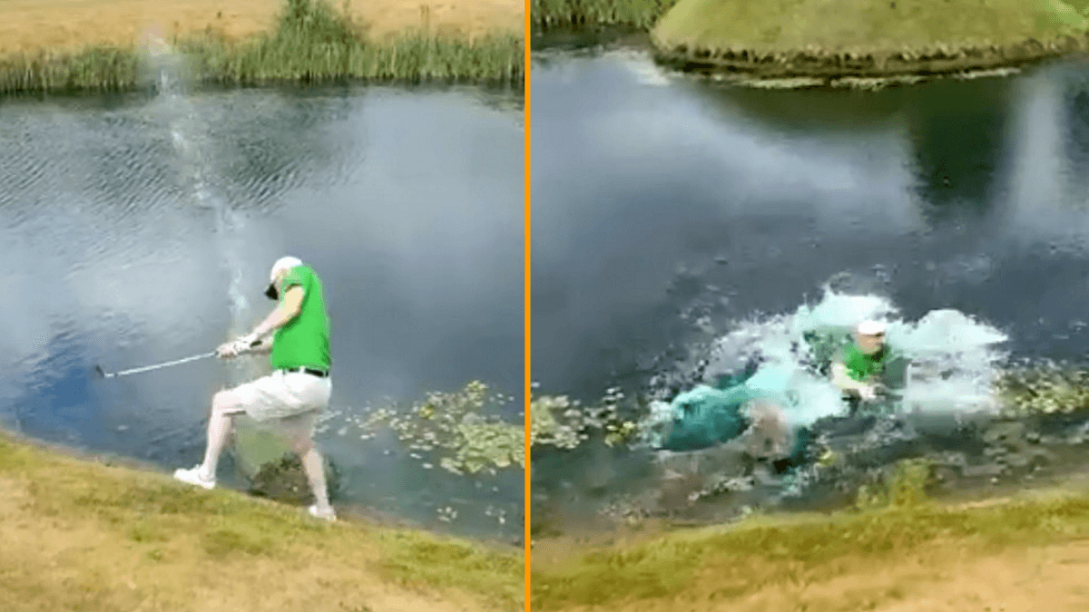 Golfer attempts to play lake-side ball as it lies – ends up spectacularly falling in the drink