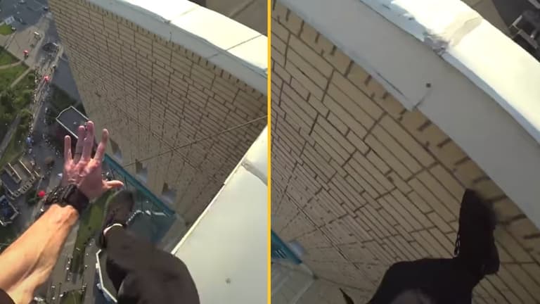 Parkour runner misses his jump and plummets off high rise rooftop Parkour runner misses his jump and plummets off high rise rooftop