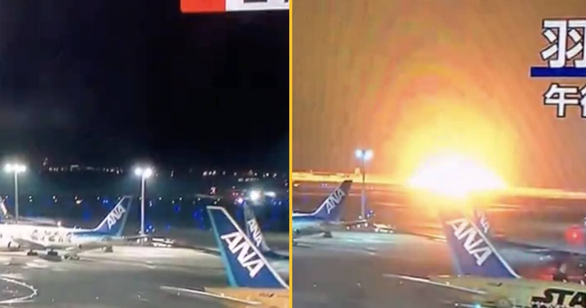 Plane bursts into flames after landing at Tokyo airport