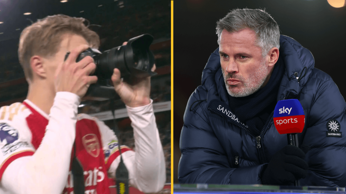 Jamie Carragher scolds Martin Ødegaard for his celebrations after Arsenal’s win over Liverpool