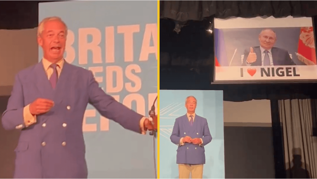 Activists lower Vladimir Putin banner behind Nigel Farage as he gives a speech