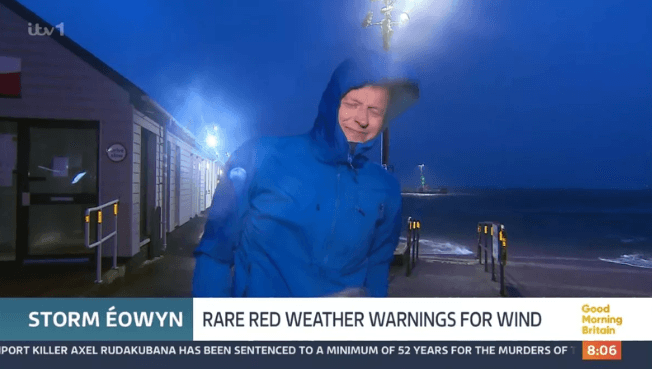 Horrifying moment GMB presenter nearly gets taken out by Storm Éowyn Horrifying moment GMB presenter nearly gets taken out by Storm Éowyn