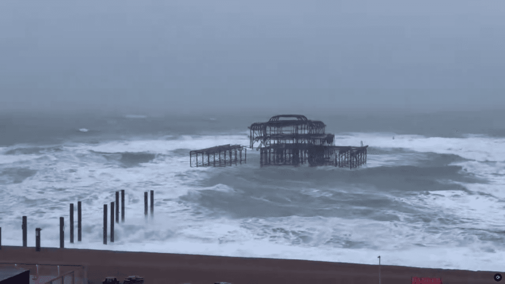 Historic pier partially collapses into sea as Storm Austen batters UK