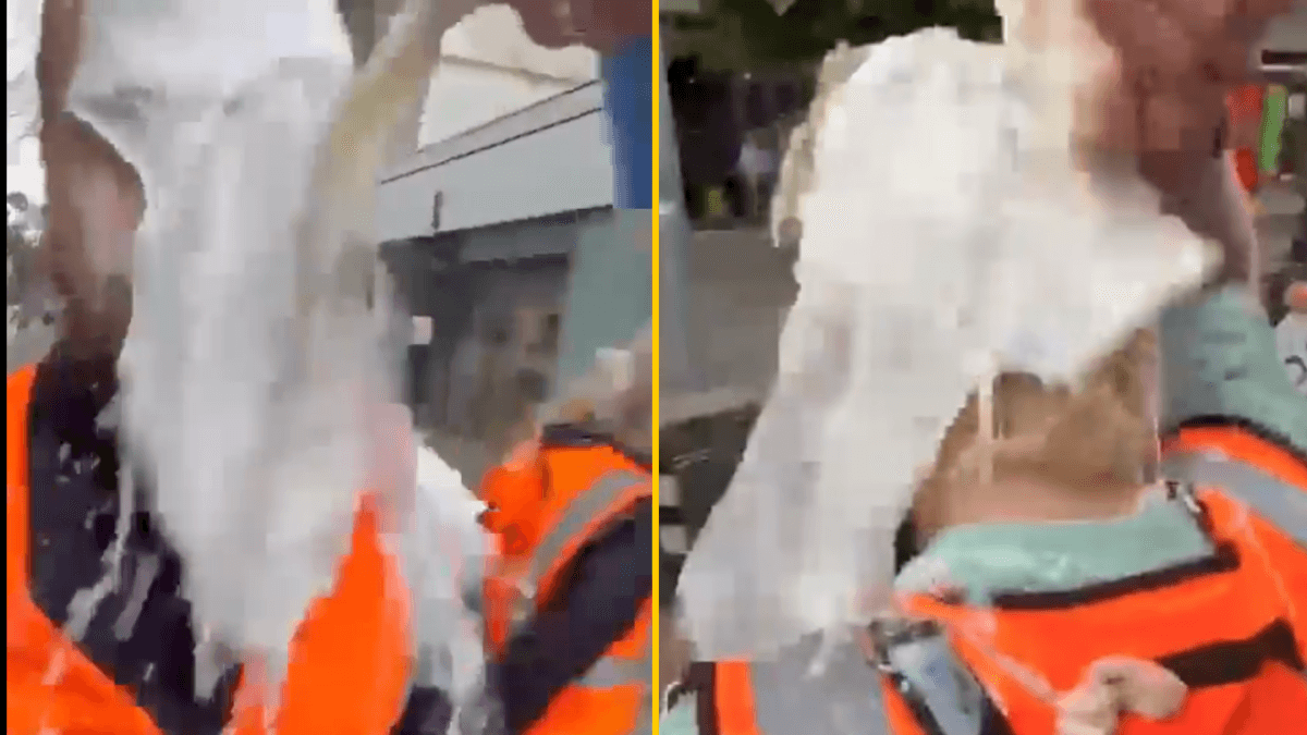 Man pours milk over the heads of Just Stop Oil protesters