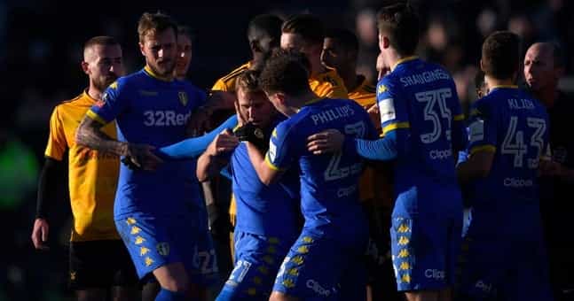 Leeds’ star man gets sent off for allegedly spitting at opposition player Leeds’ star man gets sent off for allegedly spitting at opposition player