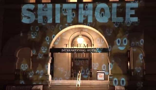 Someone has projected the word shithole onto the front of Trump’s hotel Someone has projected the word shithole onto the front of Trump’s hotel