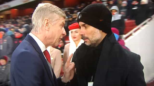 Fans reckon they know what Arsene Wenger was saying to Pep Guardiola prior to kick-off Fans reckon they know what Arsene Wenger was saying to Pep Guardiola prior to kick-off