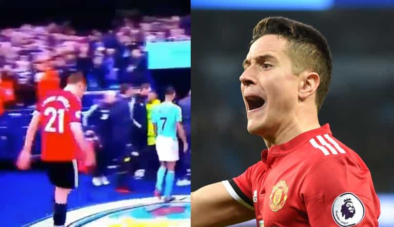 WATCH: Ander Herrera appears to spit on Man City badge as he leaves Etihad pitch WATCH: Ander Herrera appears to spit on Man City badge as he leaves Etihad pitch