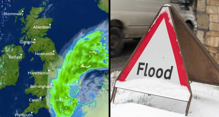 Surprise snow forecast for UK following heavy downpours and flood warning Surprise snow forecast for UK following heavy downpours and flood warning