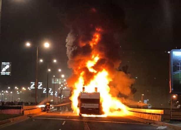 Red Star Belgrade set fire to their open-top bus during title celebrations Red Star Belgrade set fire to their open-top bus during title celebrations