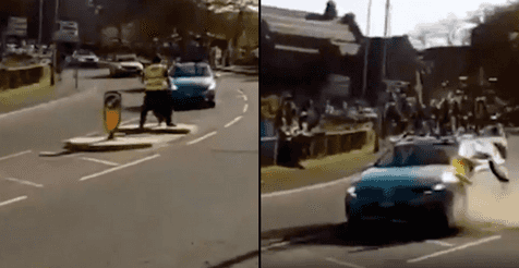 Tour de Yorkshire car almost hits volunteer during race Tour de Yorkshire car almost hits volunteer during race