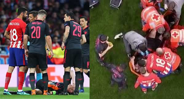 Diego Costa consoles Laurent Koscielny as he’s stretchered off in agony against Atletico Madrid Diego Costa consoles Laurent Koscielny as he’s stretchered off in agony against Atletico Madrid