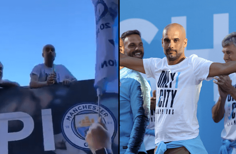 Pep Guardiola throws beer to fan from bus during Man City title celebrations Pep Guardiola throws beer to fan from bus during Man City title celebrations