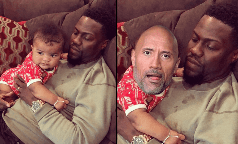 Kevin Hart responds to The Rock’s baby picture with hilarious new photoshop Kevin Hart responds to The Rock’s baby picture with hilarious new photoshop
