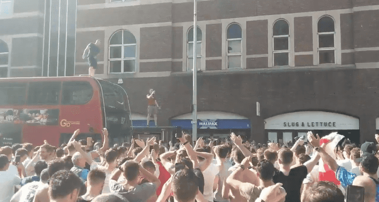 England fans celebrating on top of a London bus goes as well as you think England fans celebrating on top of a London bus goes as well as you think