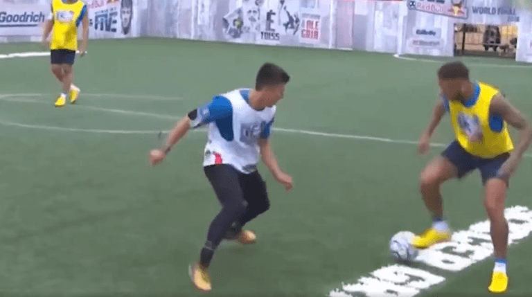 Neymar barges kid off ball after he takes the ball off him in 5-a-side game Neymar barges kid off ball after he takes the ball off him in 5-a-side game