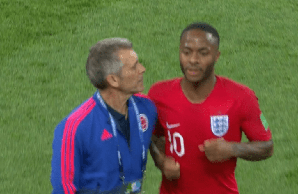 England fans love Gary Neville’s reaction to the Colombia coach barging Raheem Sterling