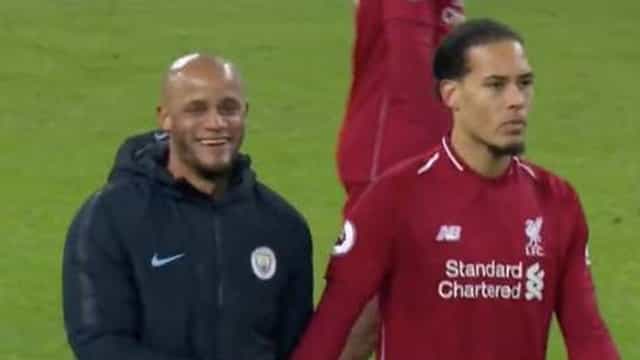 Virgil van Dijk was having none of Vincent Kompany’s joke at full-time Virgil van Dijk was having none of Vincent Kompany’s joke at full-time