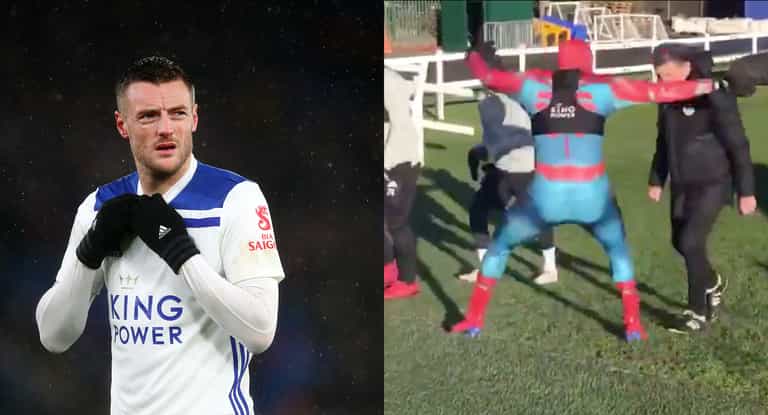 This? Oh, just Jamie Vardy dressed as Spider-Man, scaring Claude Puel This? Oh, just Jamie Vardy dressed as Spider-Man, scaring Claude Puel