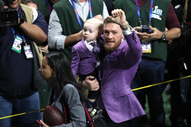 Conor McGregor and son wear matching purple suits for Super Bowl LIII Conor McGregor and son wear matching purple suits for Super Bowl LIII