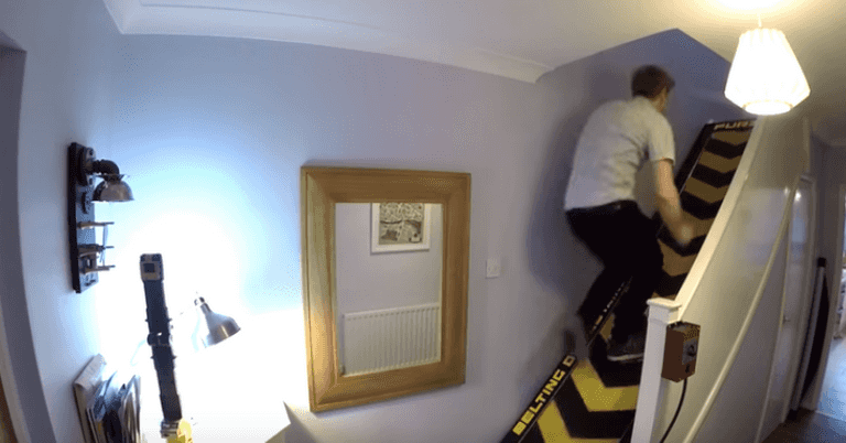Inventor builds a giant treadmill on the stairs of his home Inventor builds a giant treadmill on the stairs of his home